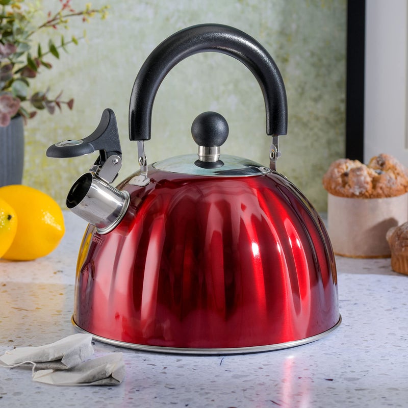 Mr. Coffee Twining 2.1 Quart Pumpkin Shaped Stainless Steel Whistling Tea Kettle, Metallic Red - Image 2